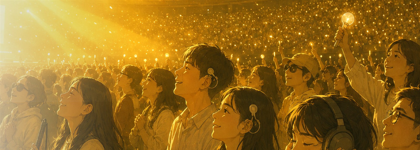 황금빛 공연장에서 함께 무대를 바라보는 팬들 — 보청기를 낀 팬, 선글라스를 쓴 팬, 응원봉을 든 팬이 같은 순간을 나눕니다