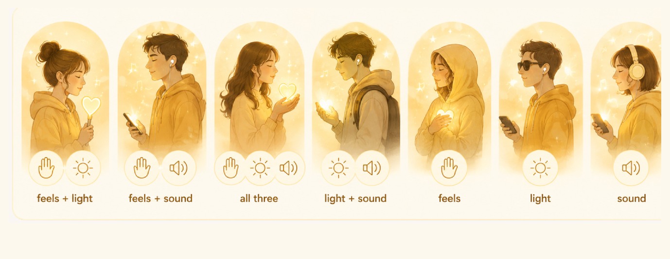 같은 순간을 저마다 다른 감각으로 받는 일곱 팬 — 촉각+빛, 촉각+소리, 셋 다, 빛+소리, 촉각, 빛, 소리